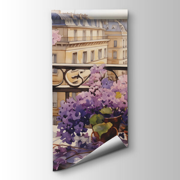 Painting of a balcony with purple flowers Painting of a balcony with purple flowers