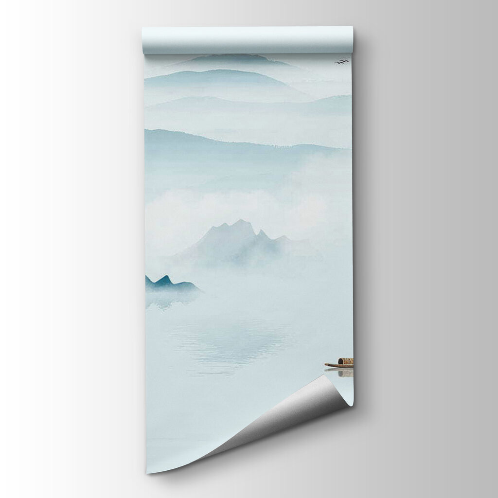 Boat in the water with mountains and birds flying Boat in the water with mountains and birds flying