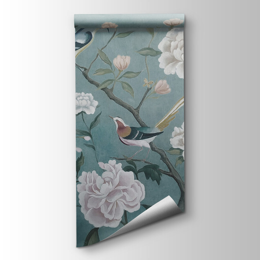 Painting of birds on a branch with flowers