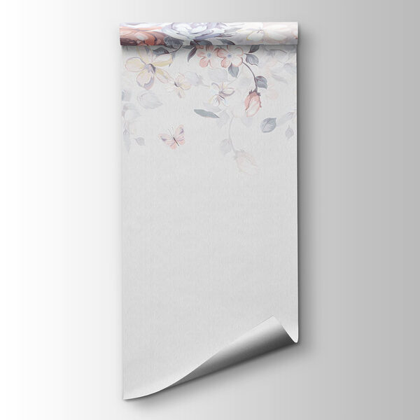 White background with flowers and butterflies