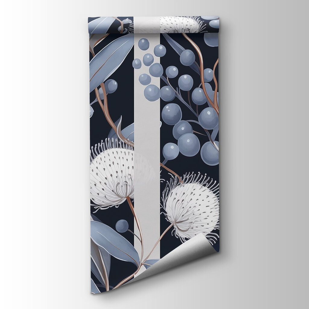 Floral pattern with blue and white flowers and leaves