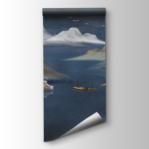 Painting of mountains and boats in water Painting of mountains and boats in water