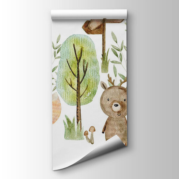 Watercolor illustration of animals and trees