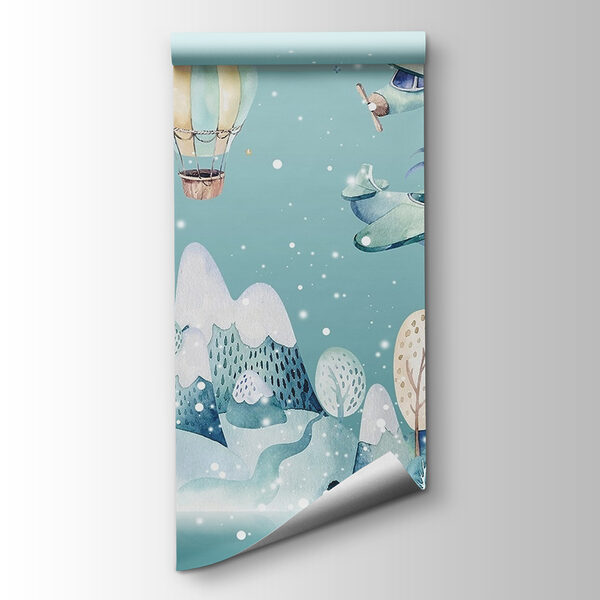 Watercolor illustration of a helicopter and hot air balloons