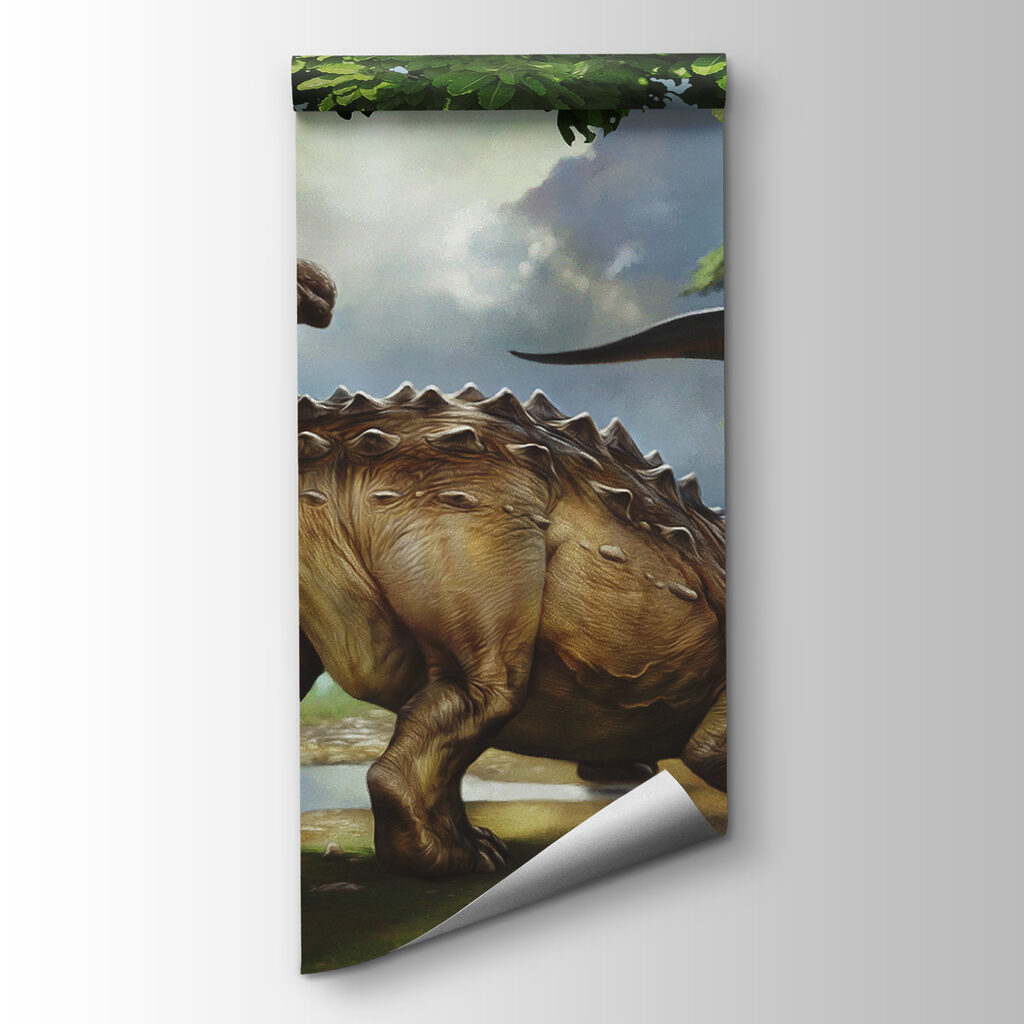 Painting of dinosaurs near a river