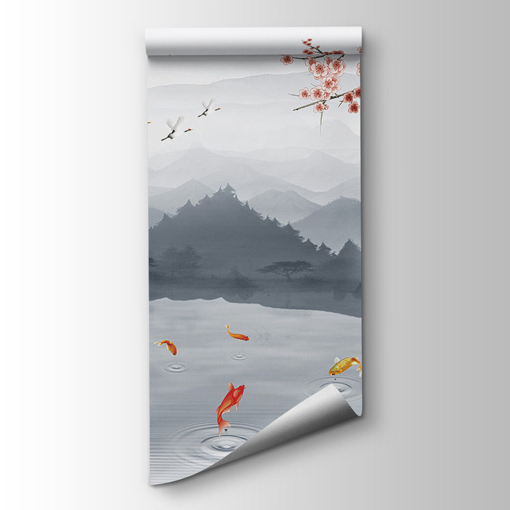 Painting of a river with a waterfall and birds Painting of a river with a waterfall and birds