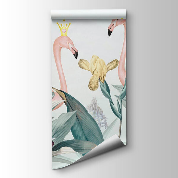 Group of flamingos with crowns and flowers