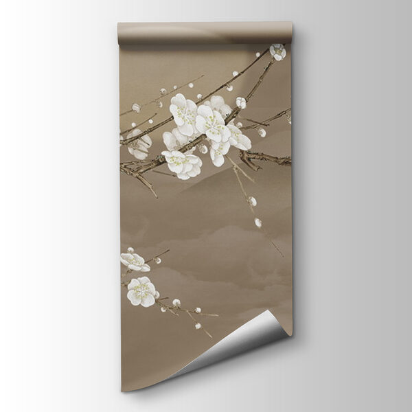 Tree branch with white flowers and a bird on it