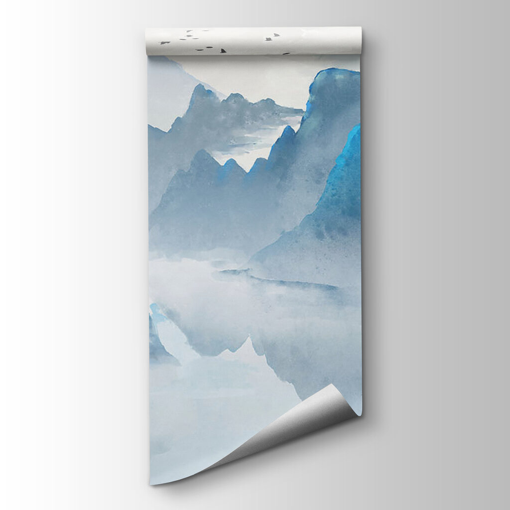 Watercolor painting of mountains and birds