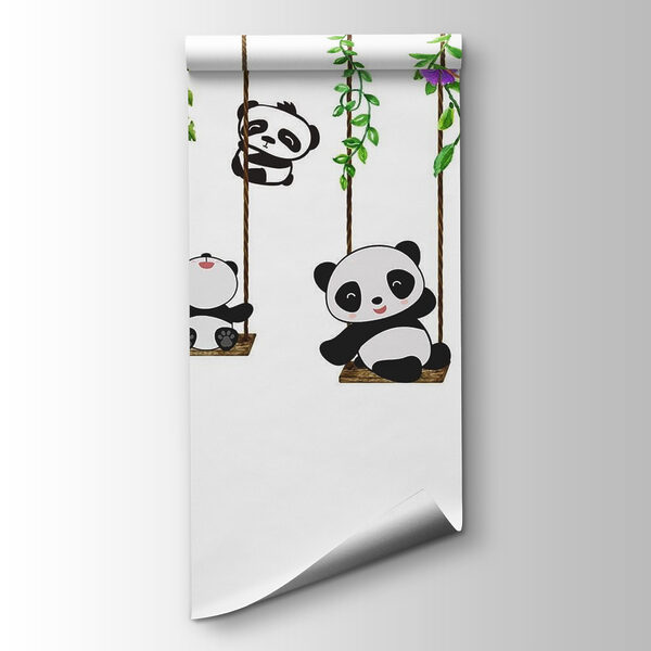 Group of pandas on swings