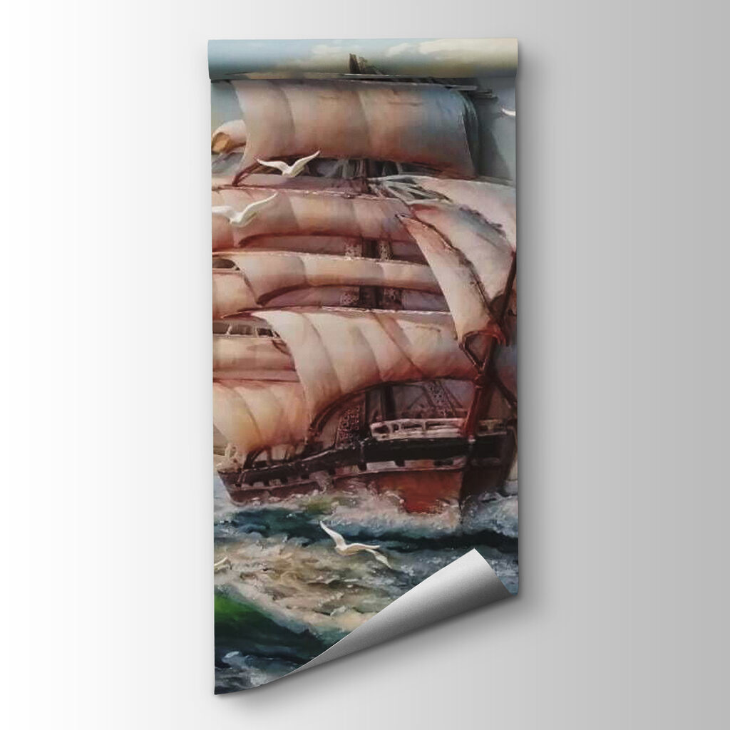 Painting of a ship with sails and birds flying Painting of a ship with sails and birds flying