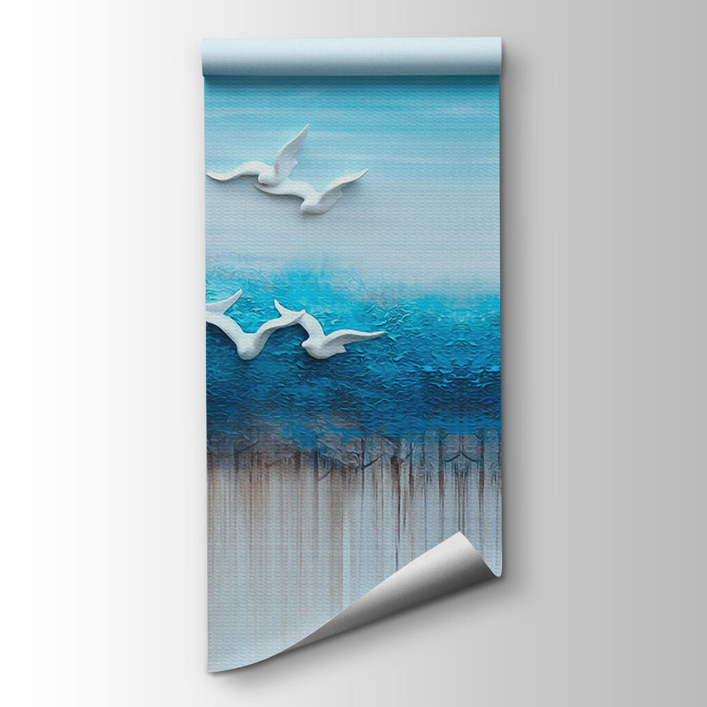 Painting of birds flying over a blue ocean