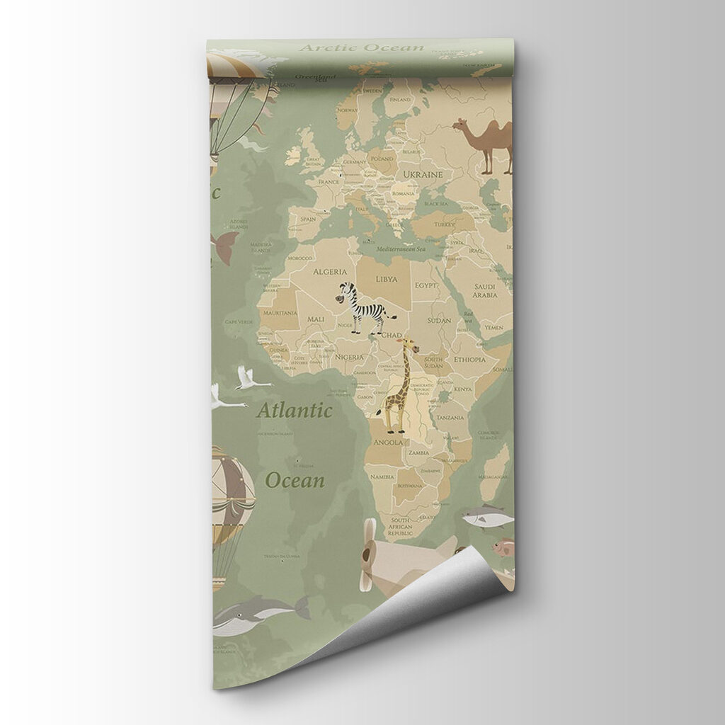 A map of the world with airplanes and hot air balloons