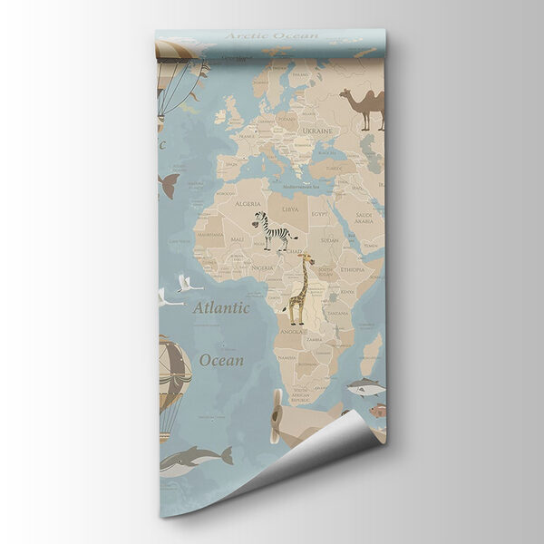 Map of the world with airplanes and hot air balloons