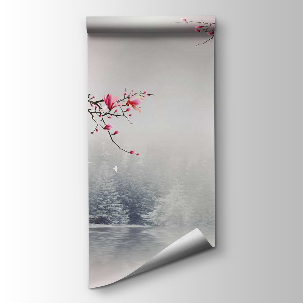 Tree branches with pink flowers and birds flying over water