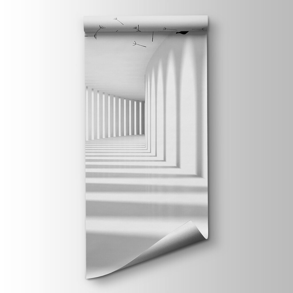 White room with trees and birds flying White room with trees and birds flying