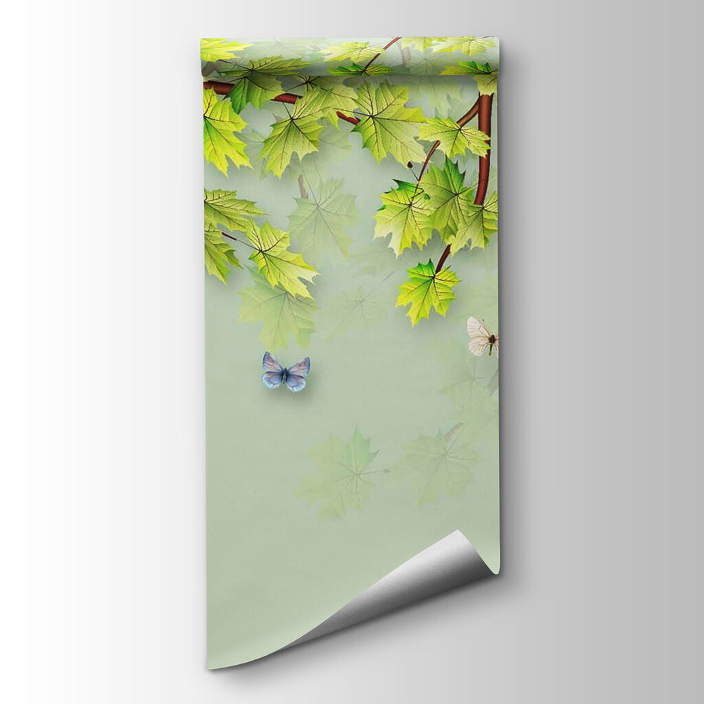 Green leaves and butterflies on a white background