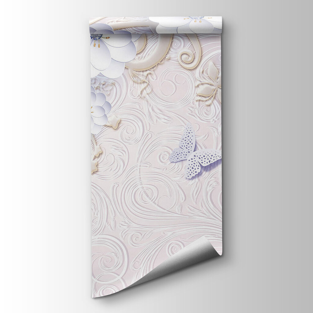 Wallpaper with white flowers and butterflies