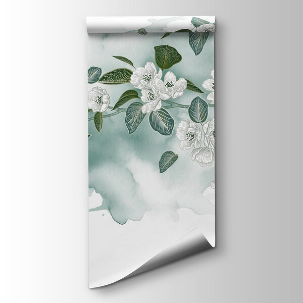 White flowers and green leaves on a white background White flowers and green leaves on a white background