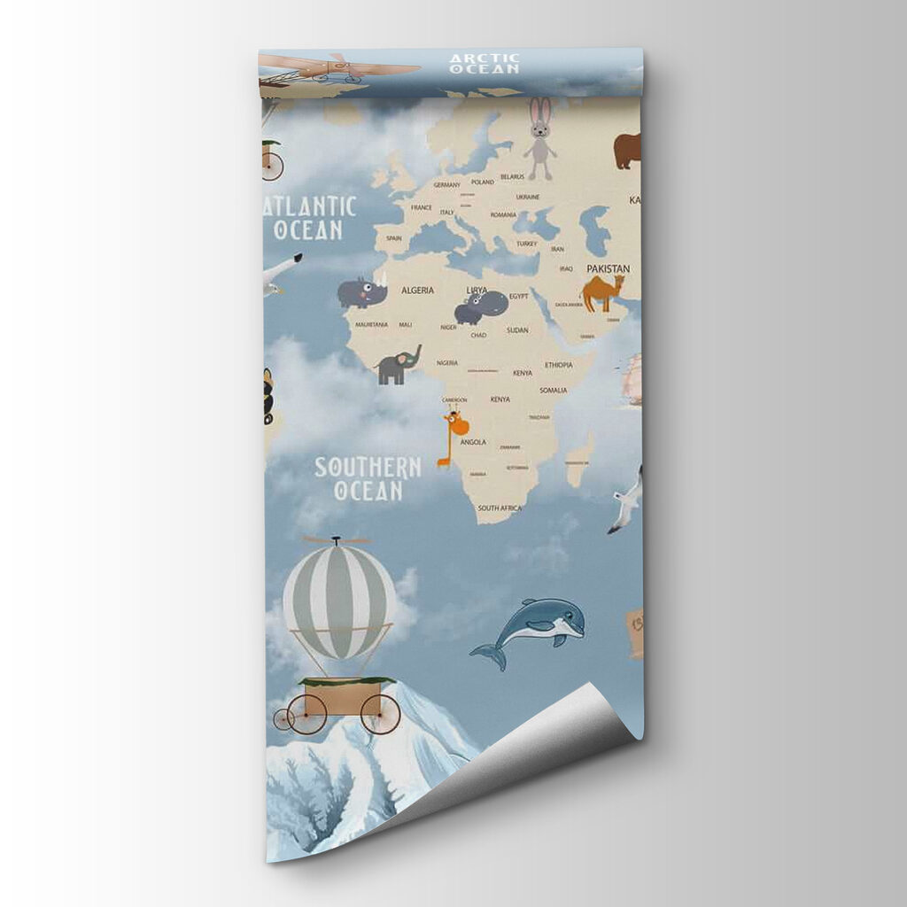 Map of the world with different animals and birds Map of the world with different animals and birds