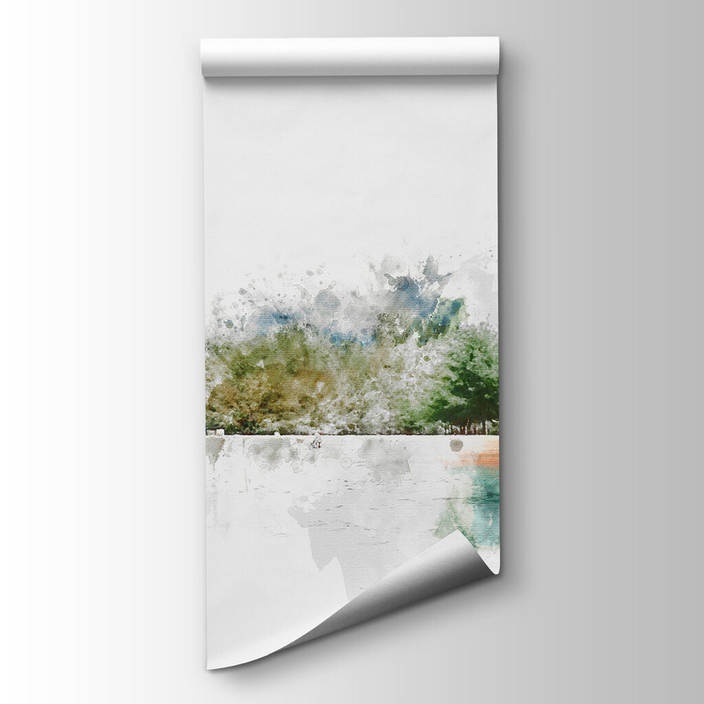 Watercolor of a lake with trees and mountains in the background