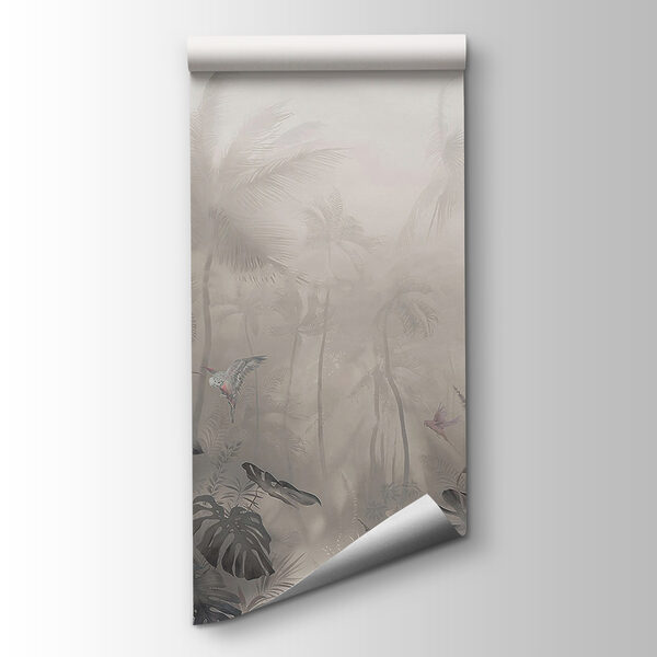 Foggy forest with palm trees and butterflies Foggy forest with palm trees and butterflies