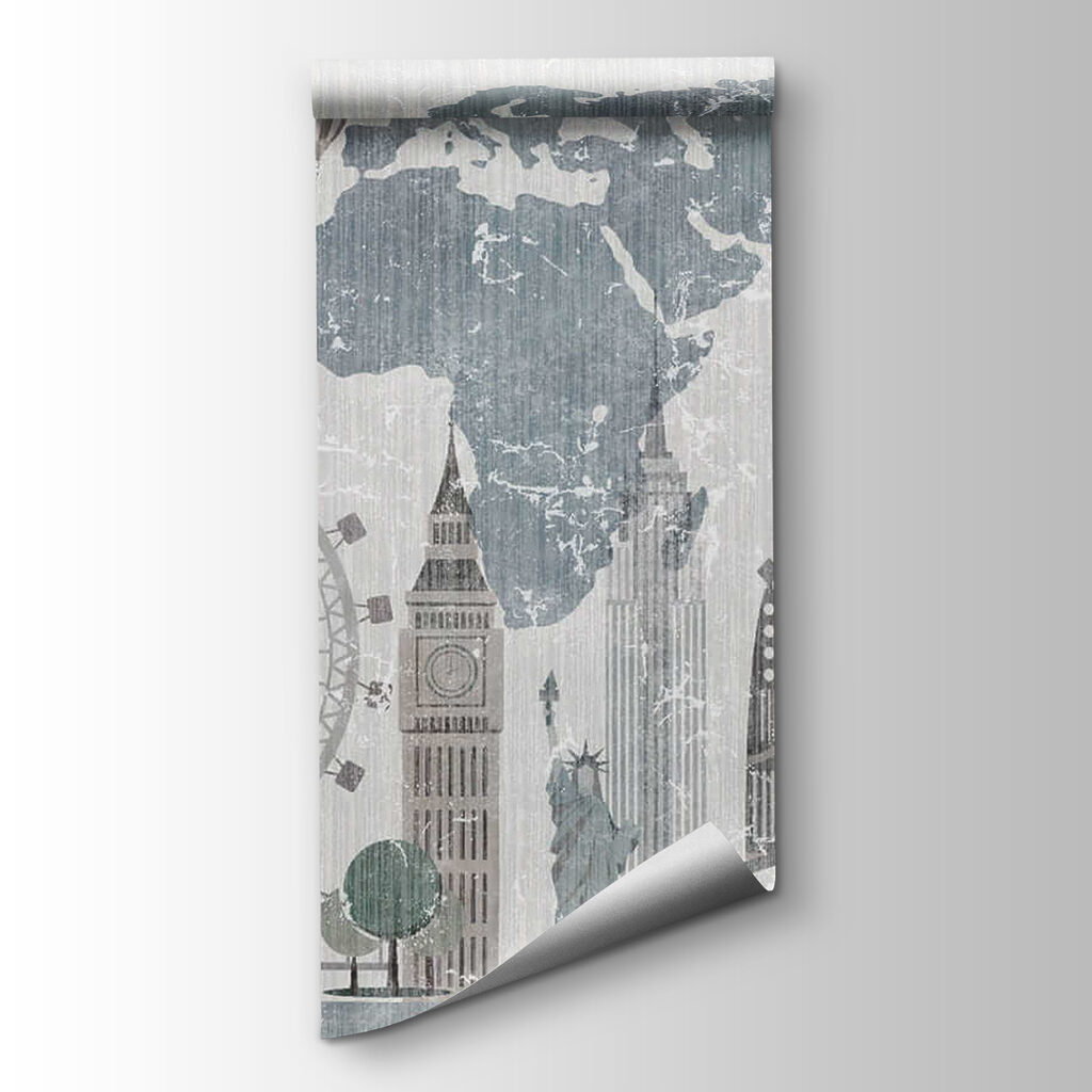 Map of the world with buildings and a ferris wheel Map of the world with buildings and a ferris wheel