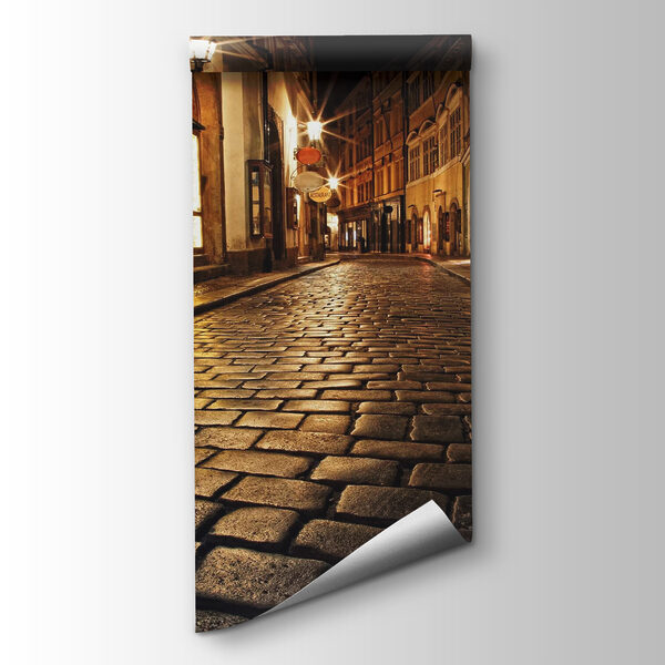 Stone street with buildings and street lights