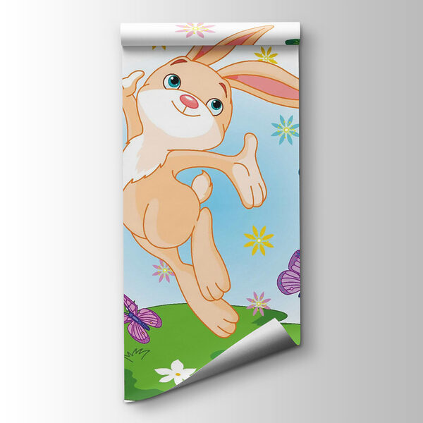Cartoon of a rabbit jumping in the air with butterflies