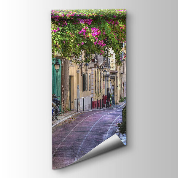 Street with tables and chairs and trees Street with tables and chairs and trees
