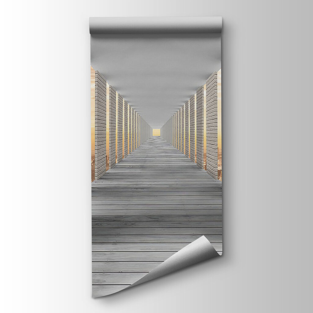 Long walkway with pillars and a city in the background Long walkway with pillars and a city in the background