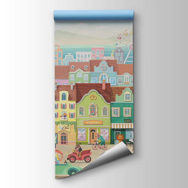 Cartoon town with many buildings and a ferris wheel