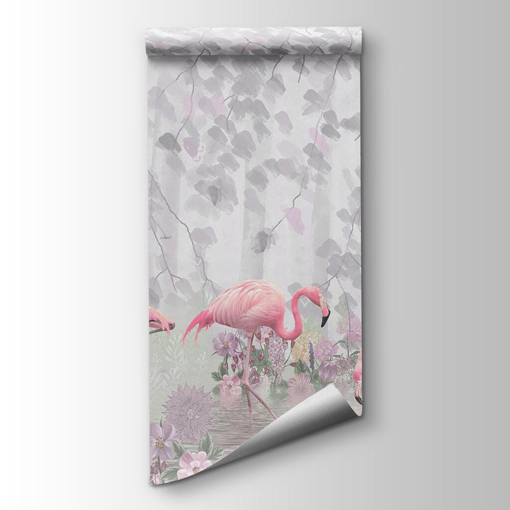 Group of pink flamingos in a pond with flowers