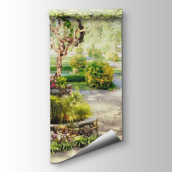 Stone walkway with a tree and flowers Stone walkway with a tree and flowers