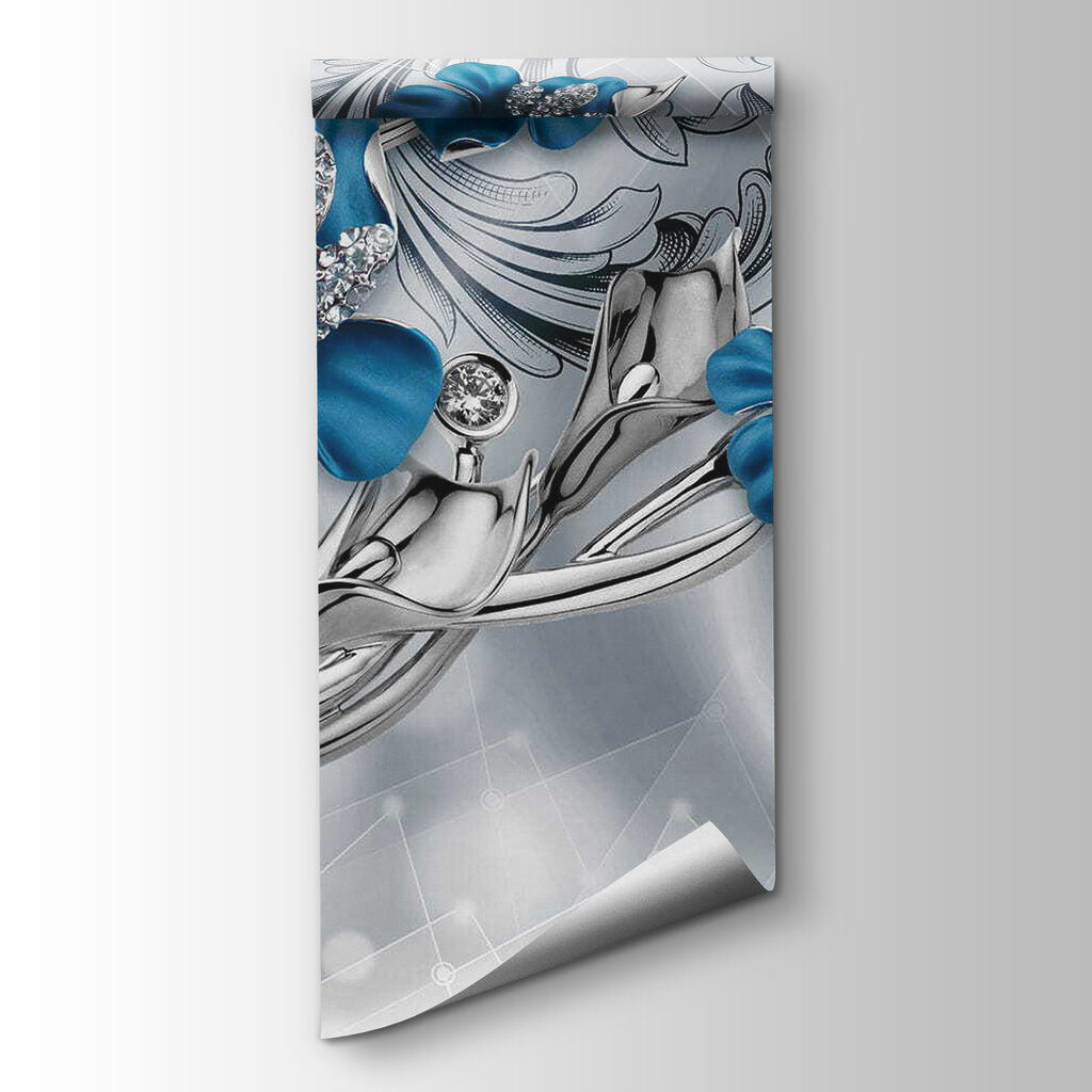 Silver and blue flowers on a silver and black background Silver and blue flowers on a silver and black background