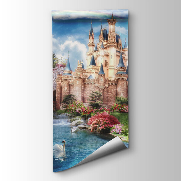 Castle with a pond and a rainbow