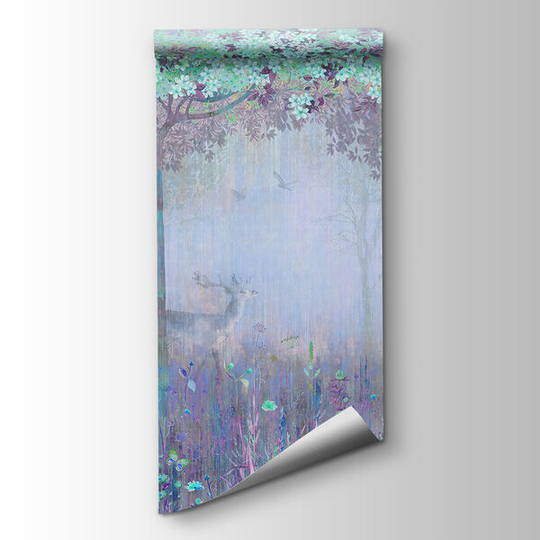 A painting of a forest with trees and flowers