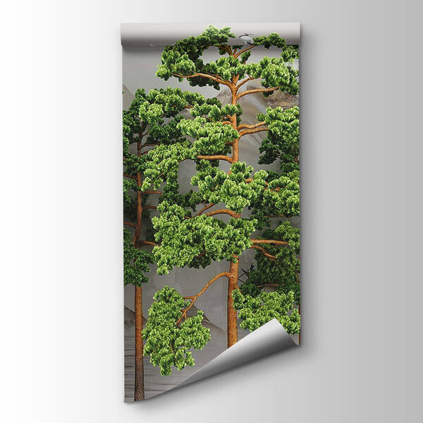 Group of trees with birds flying above them