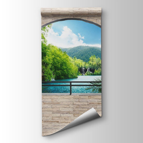 Window with a waterfall and trees