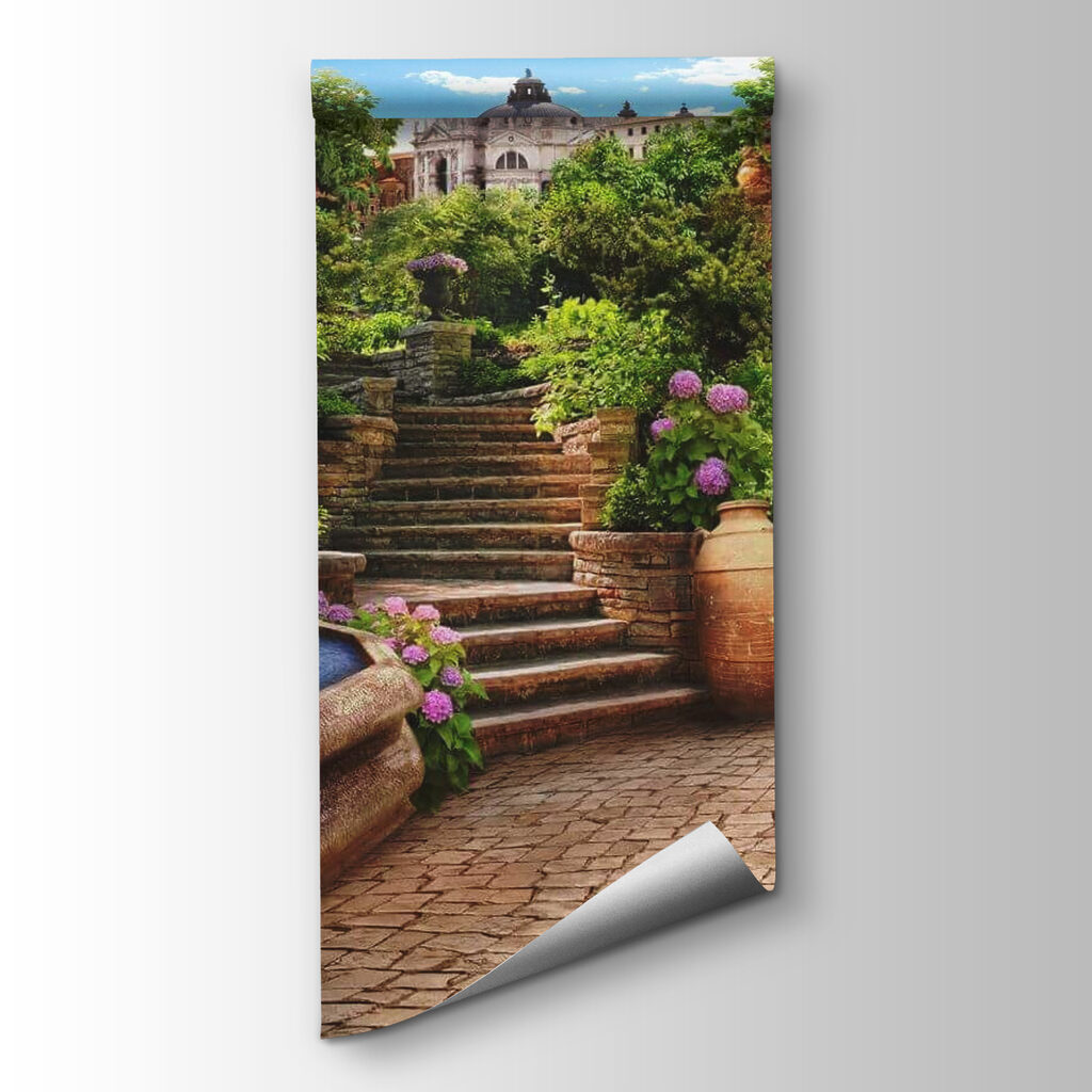 Stone path with a fountain and stairs and flowers