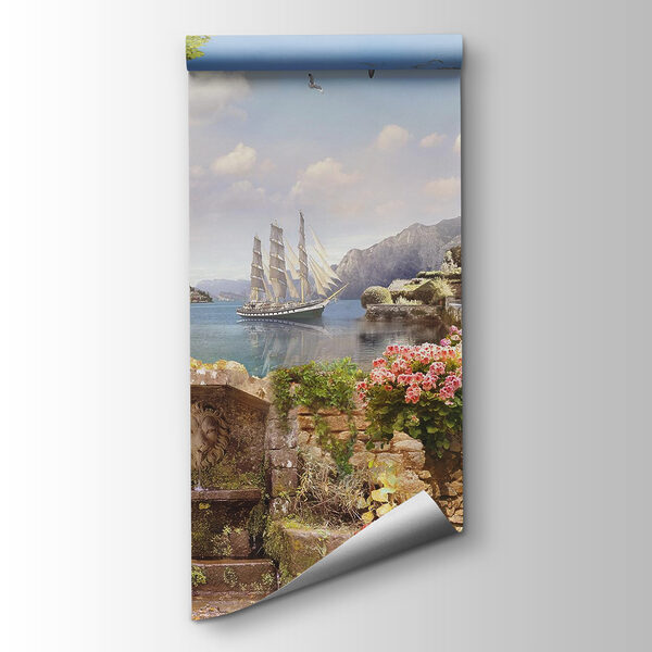 Stone building with a boat in the water