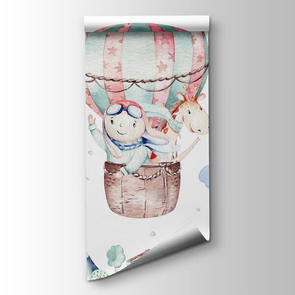 Watercolor illustration of a person in a hot air balloon