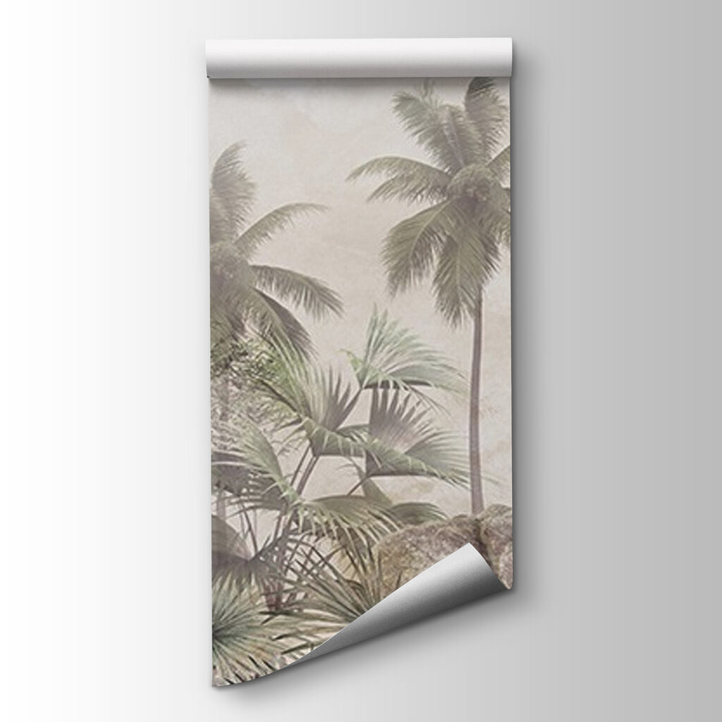 Palm trees and rocks in a foggy environment