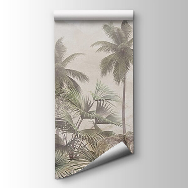 Palm trees and rocks in a foggy environment