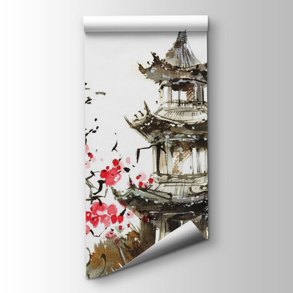 Painting of a pagoda and cherry blossoms