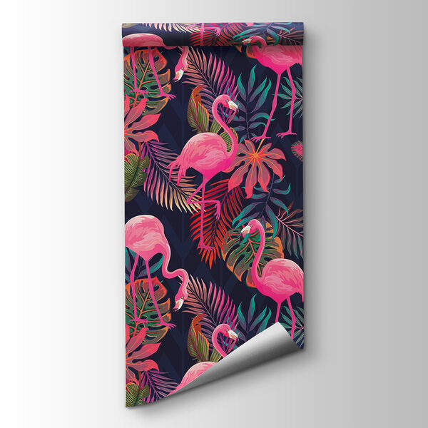 A pattern of pink flamingos and leaves