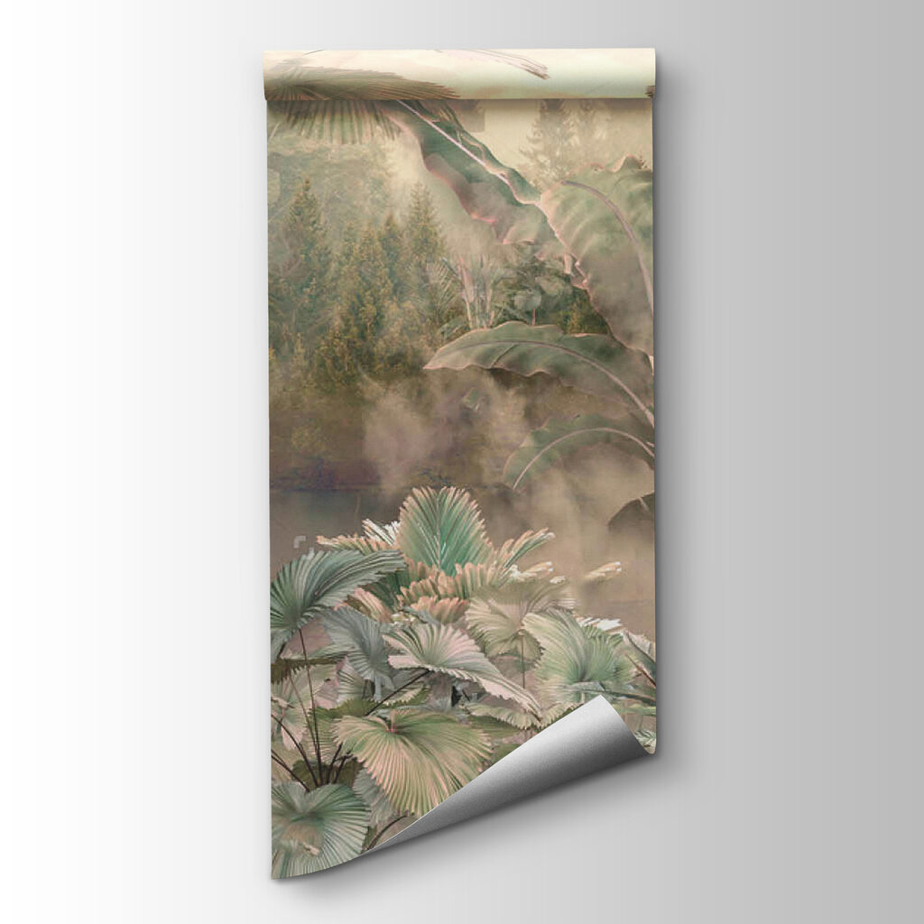 Foggy forest with trees and plants Foggy forest with trees and plants