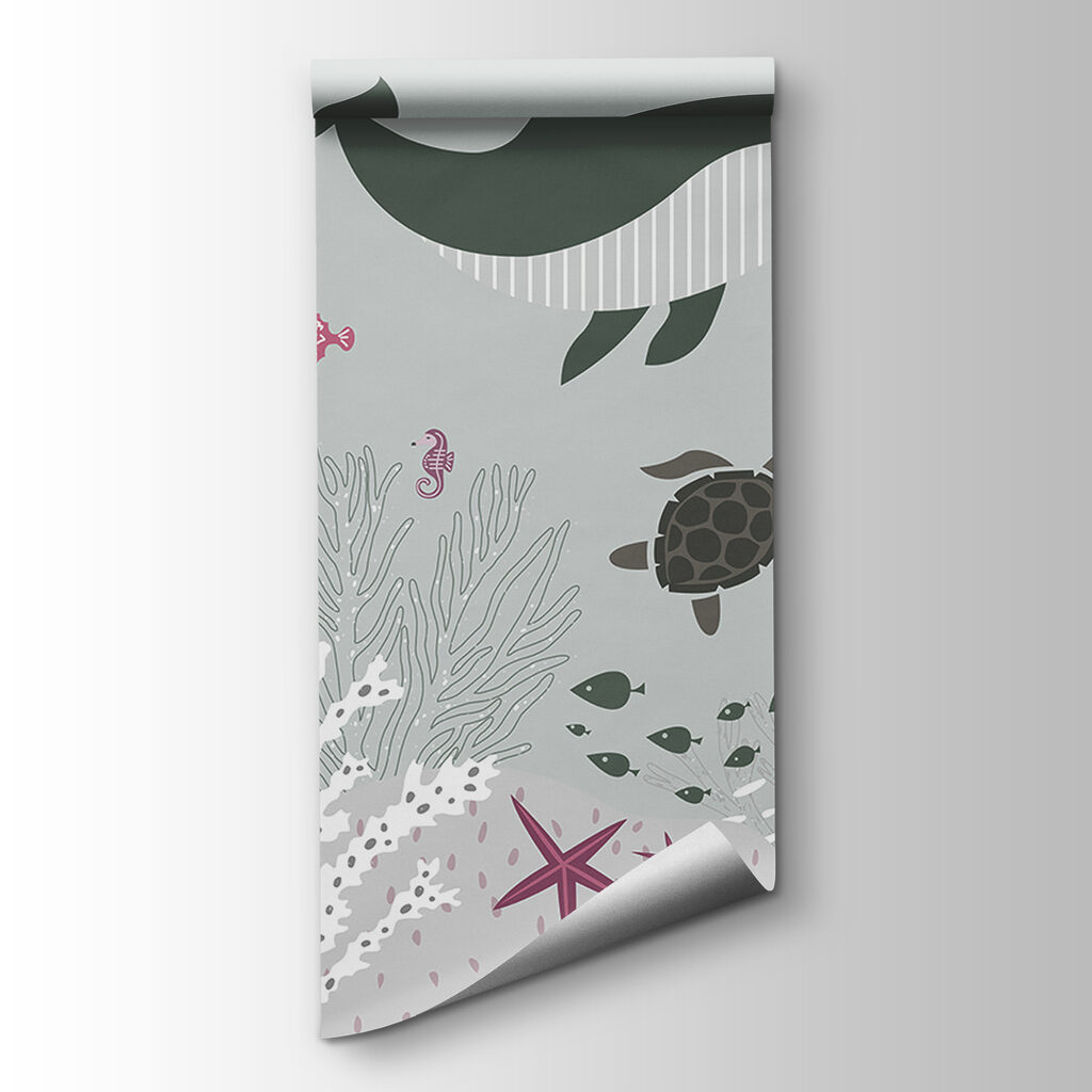 A sea life with a whale and seaweed