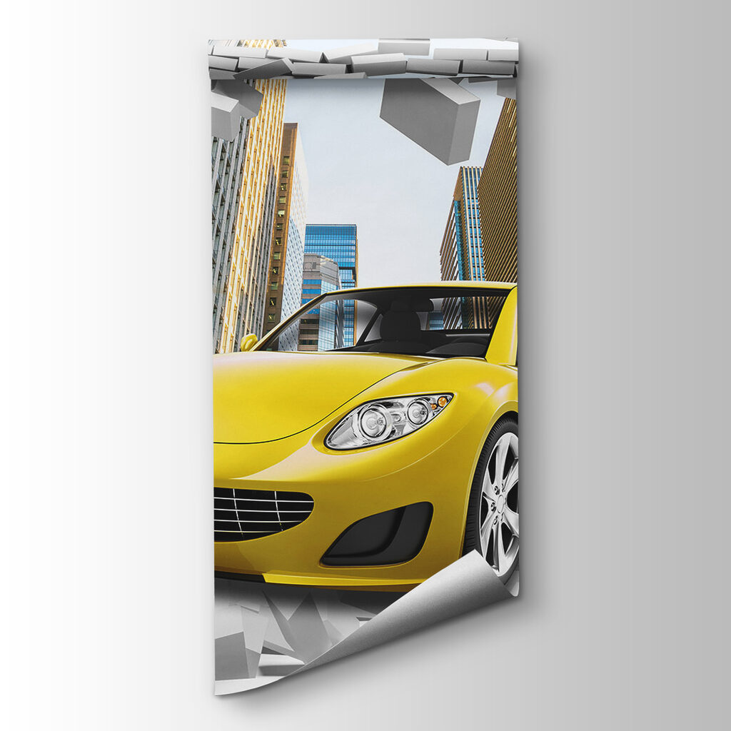 Yellow car in a wall of bricks Yellow car in a wall of bricks