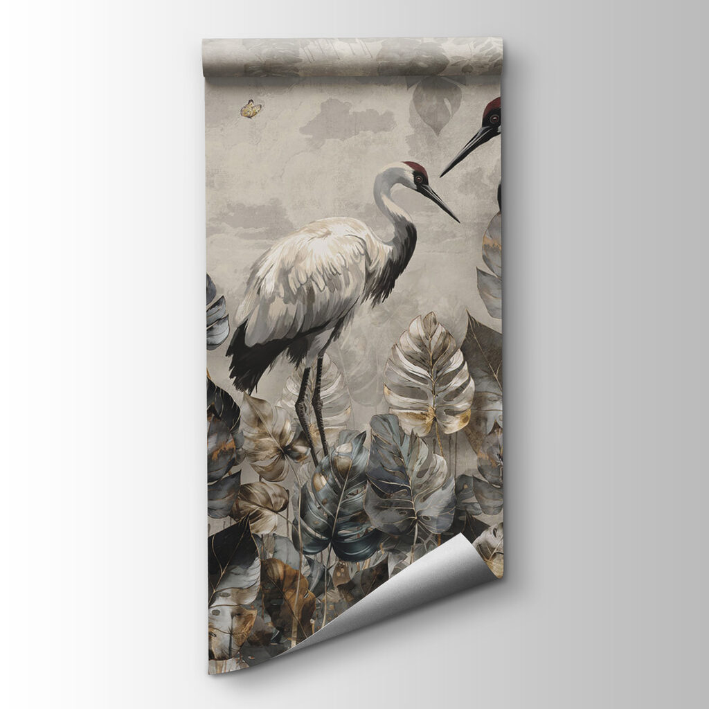 Couple of cranes standing in a field of leaves